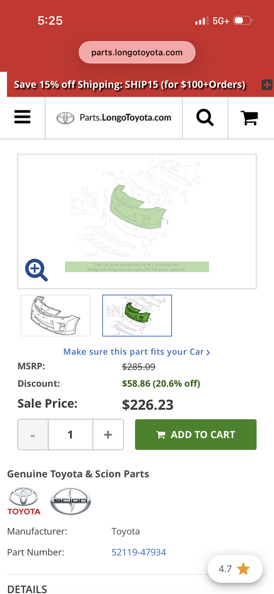 2012-2015 Toyota Prius bumper