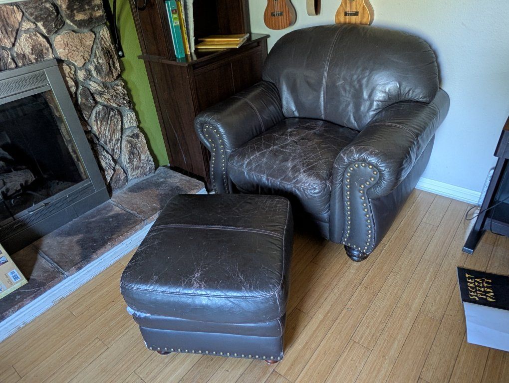 Full grain Brown Leather Armchair & Ottoman Set - Brass Nailhead Trim