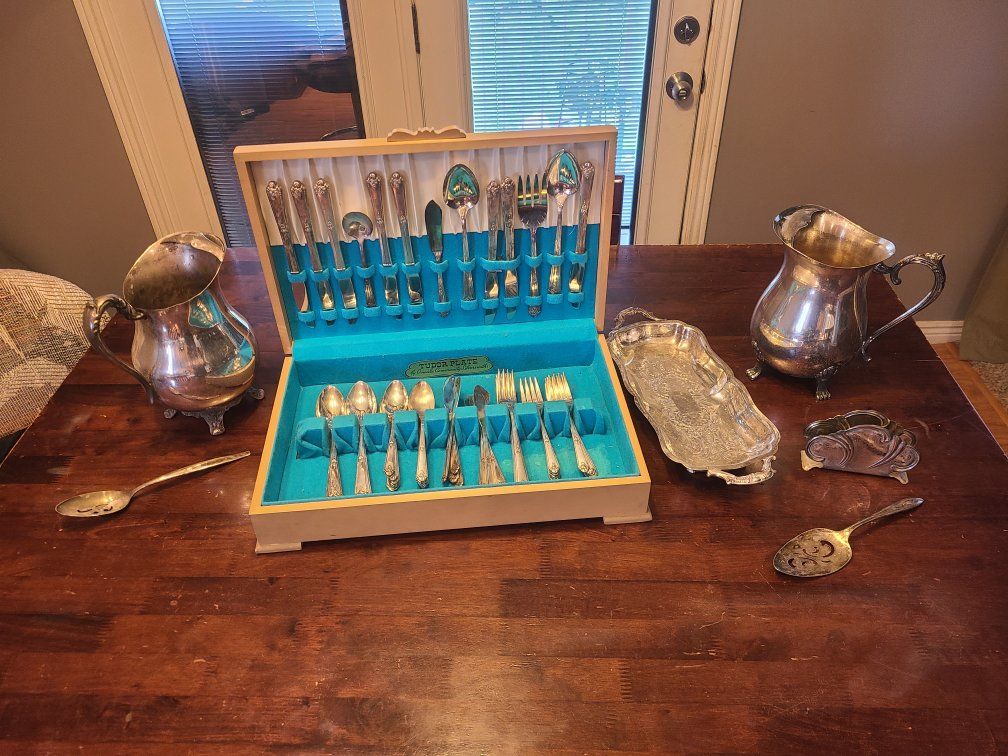 Vintage Silver set dishes and utensils, see descri