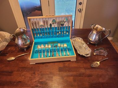 Vintage Silver set dishes and utensils, see descri