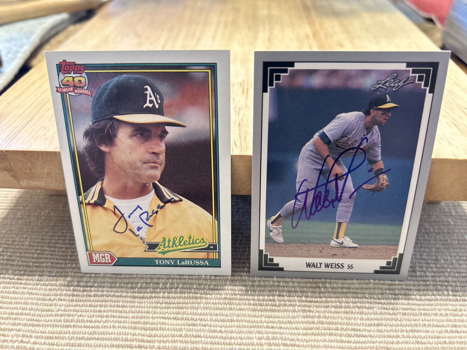 Oakland Athletics (1) Tony LaRussa 1991 Topps & (1) Walt Weiss 1991 Leaf Autograph Hand Signed Auto Baseball Cards