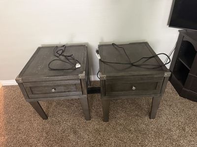 Pair of Rustic Gray Wooden side tables with Built-in Charging Outlets and coffee table with pull up/out top and storage.