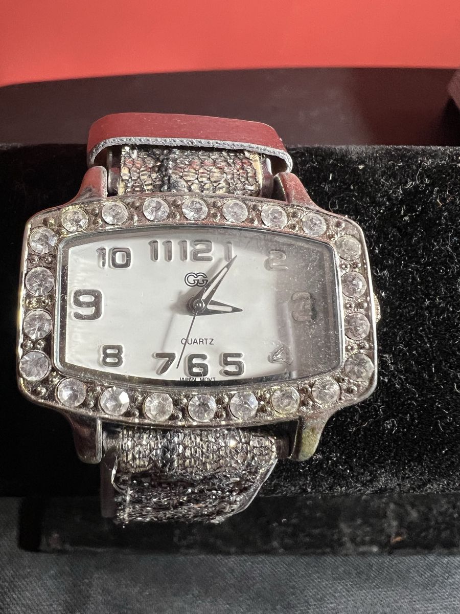 GS Quartz Bling Watch with Rhinestones and Worn Silver Strap