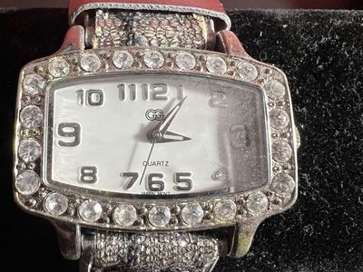 GS Quartz Bling Watch with Rhinestones and Worn Silver Strap