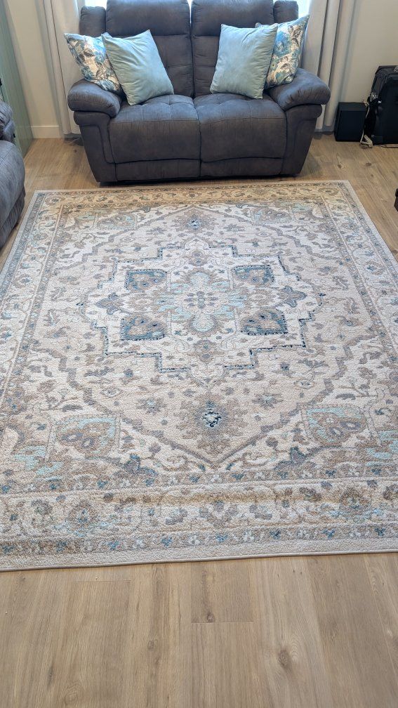 Large Area Rug - Beige with Blue and Gray Medallion Pattern