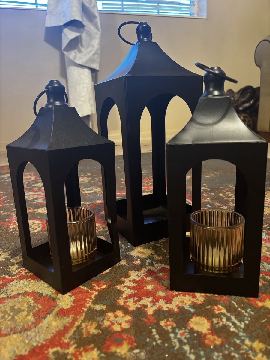 Set of 3 Black Metal Lanterns with Glass Votive Holders - Assorted Sizes