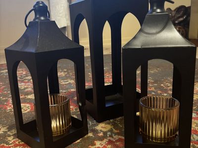 Set of 3 Black Metal Lanterns with Glass Votive Holders - Assorted Sizes