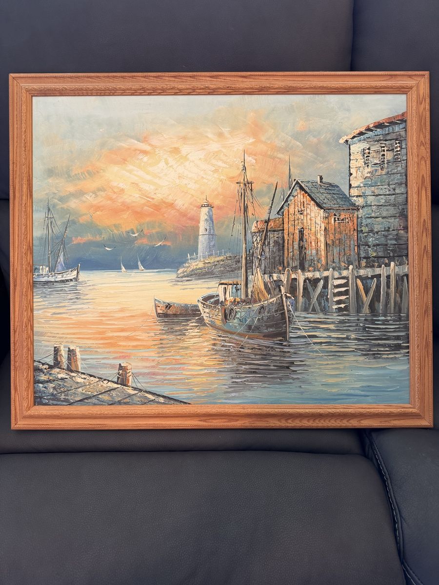 Vintage Original Oil Painting – Harbor / Lighthouse Seascape – Framed 28” × 23.5”