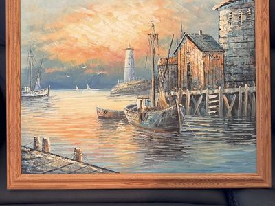 Vintage Original Oil Painting – Harbor / Lighthouse Seascape – Framed 28” × 23.5”