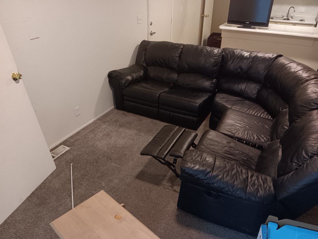 Black Leather Sectional Sofa with Recliner and Loveseat - Worn Condition