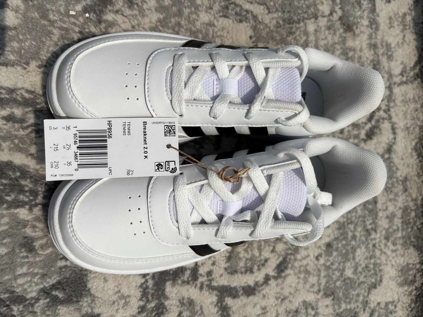 Adidas Breaknet 2.0 K Kids' Tennis Shoes White/Black Size US 3.5 HP8956 New with Tags