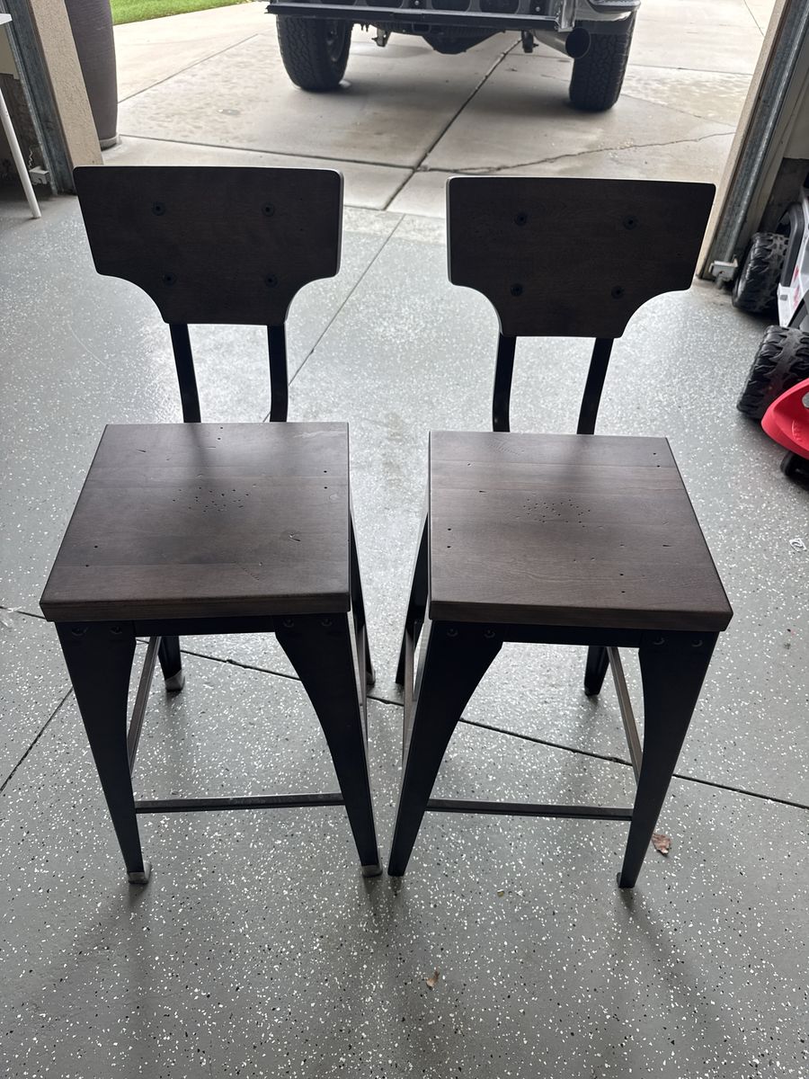 Industrial Metal and Wood Bar Stools with Backs - Set of 2
