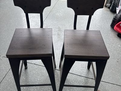 Industrial Metal and Wood Bar Stools with Backs - Set of 2