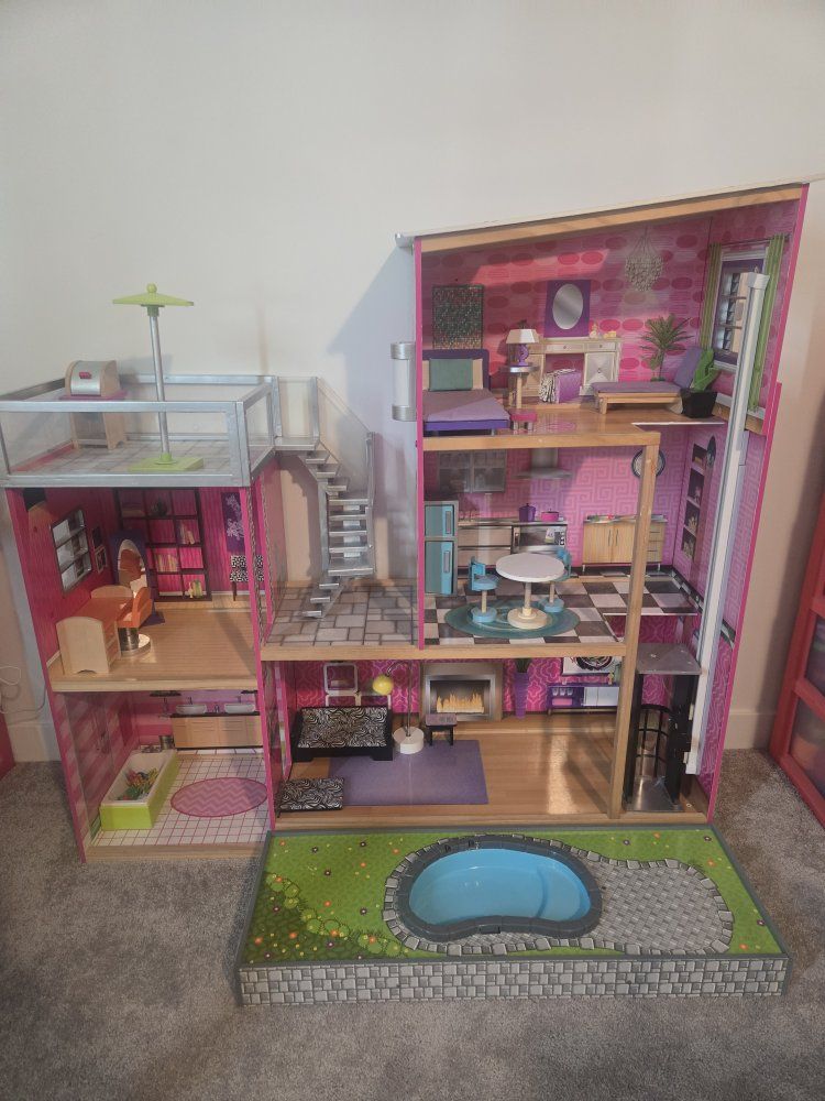 Large KidKraft Chelsea Dollhouse w/ Pool & Furniture - Multi-Story Wooden Toy House