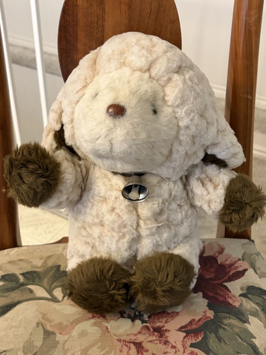 Vintage Plush Lamb Stuffed Animal with Bell, Cream/Brown