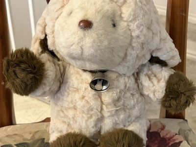 Vintage Plush Lamb Stuffed Animal with Bell, Cream/Brown