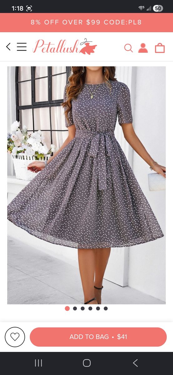 New Petallush Purple Round Neck Short Sleeve Polka Dot Belt Midi Dress, size Small