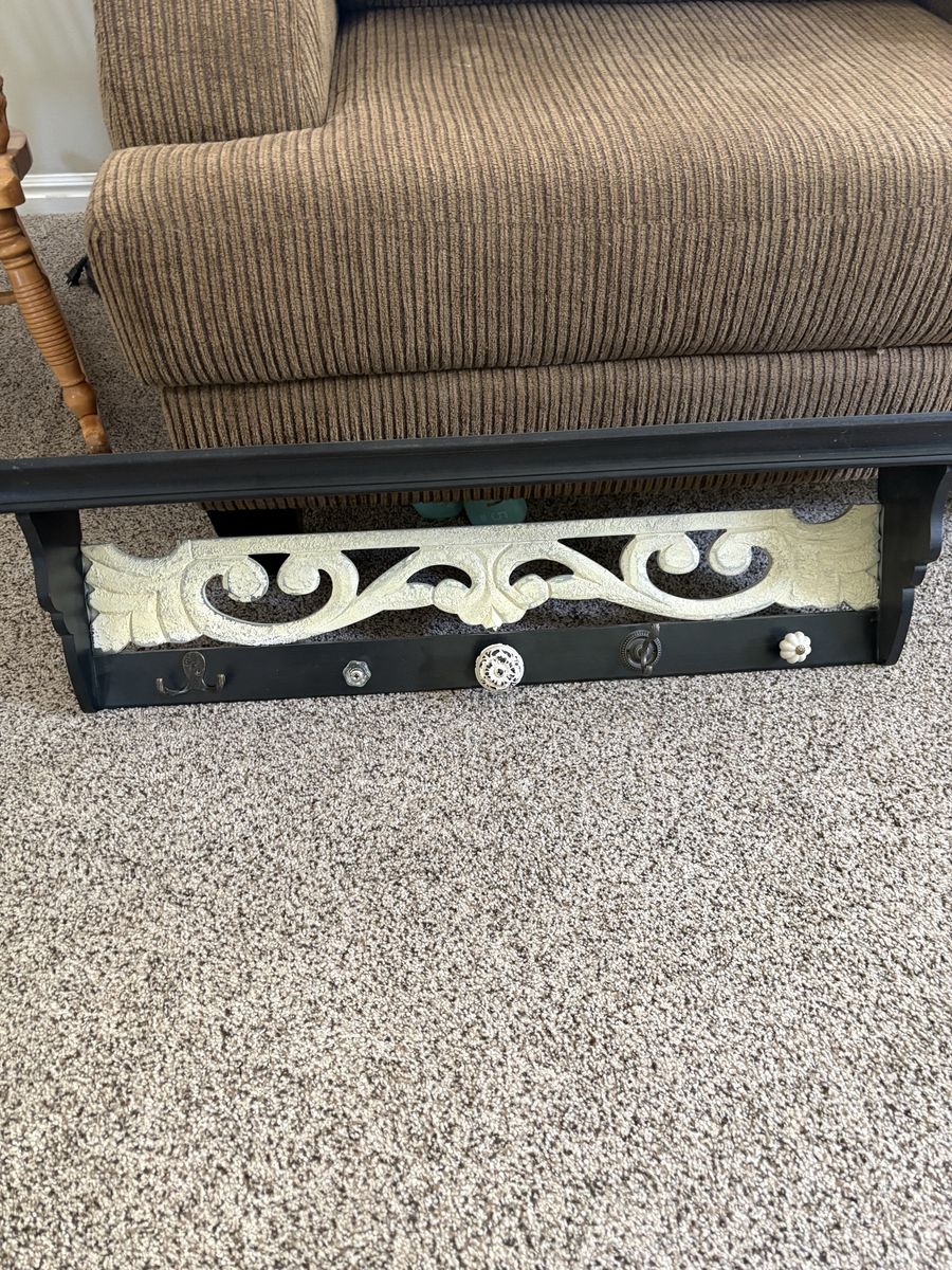 Decorative Wall Shelf with Hooks - Black & Cream Ornate Scroll Design - Entryway Coat Rack