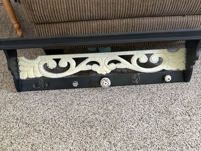 Decorative Wall Shelf with Hooks - Black & Cream Ornate Scroll Design - Entryway Coat Rack