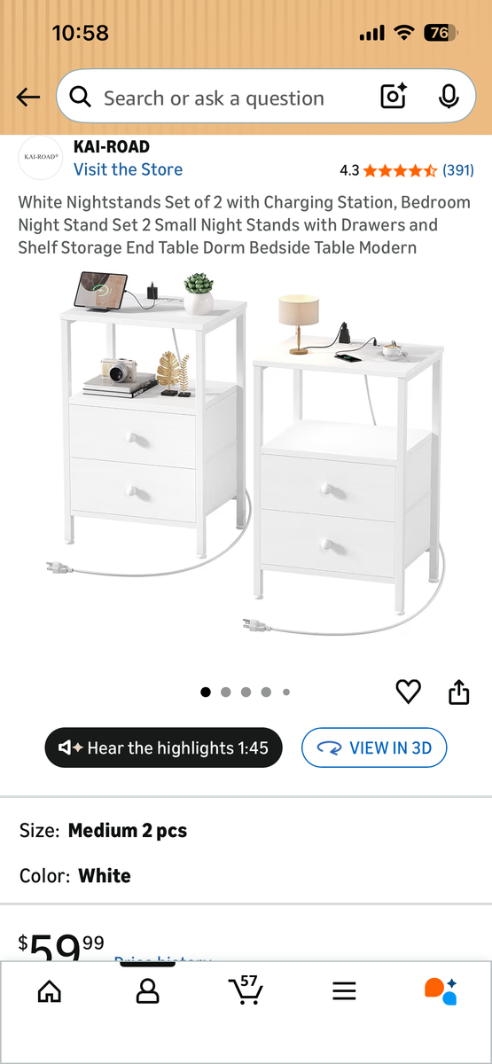 White Nightstands Set of 2 with Charging Station