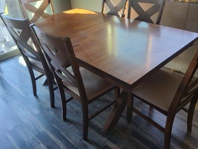 Wooden Extendable Dining Table with 6 Upholstered Chairs - Dark Wood Finish