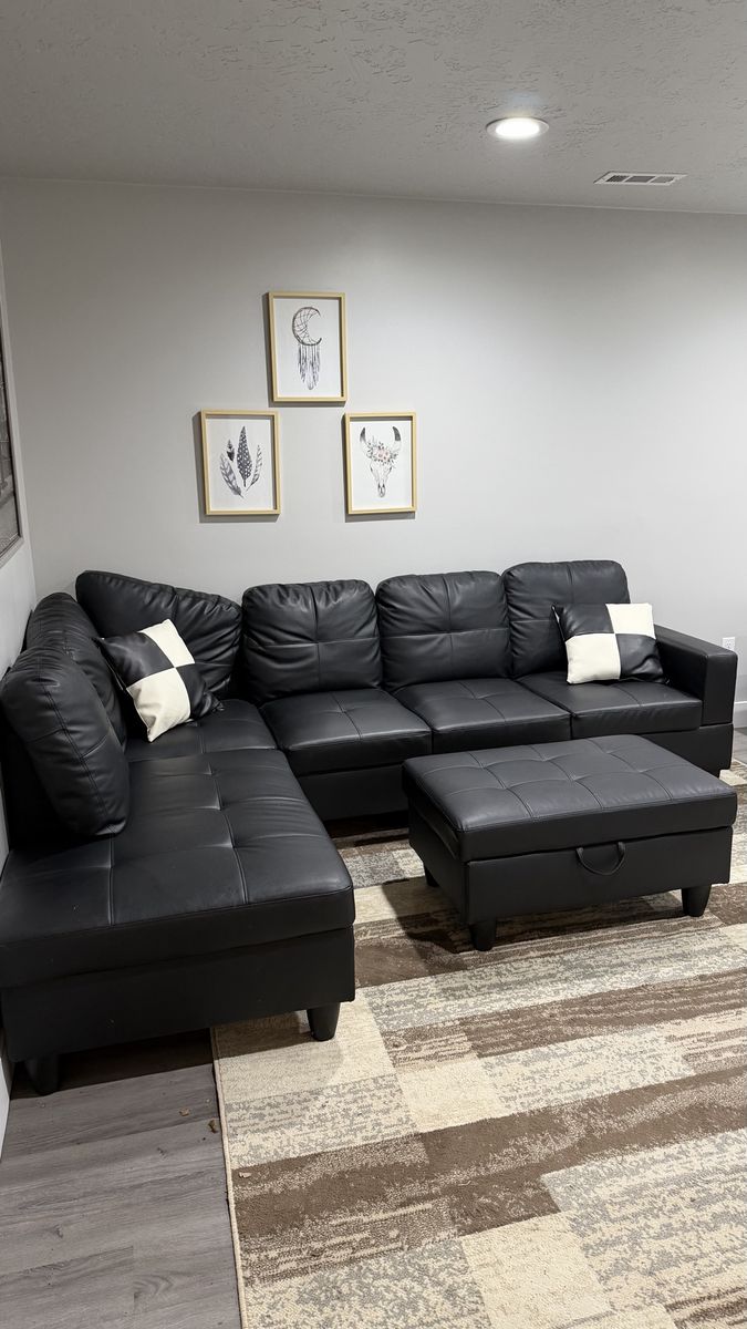 Black Sectional Couch with Ottoman 