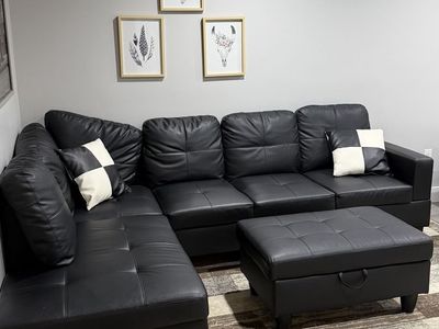 Black Sectional Couch with Ottoman