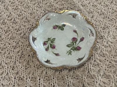 Moutan Rose Iridescent Floral Gold Trim Trinket Dish 6" Vintage Porcelain Plate