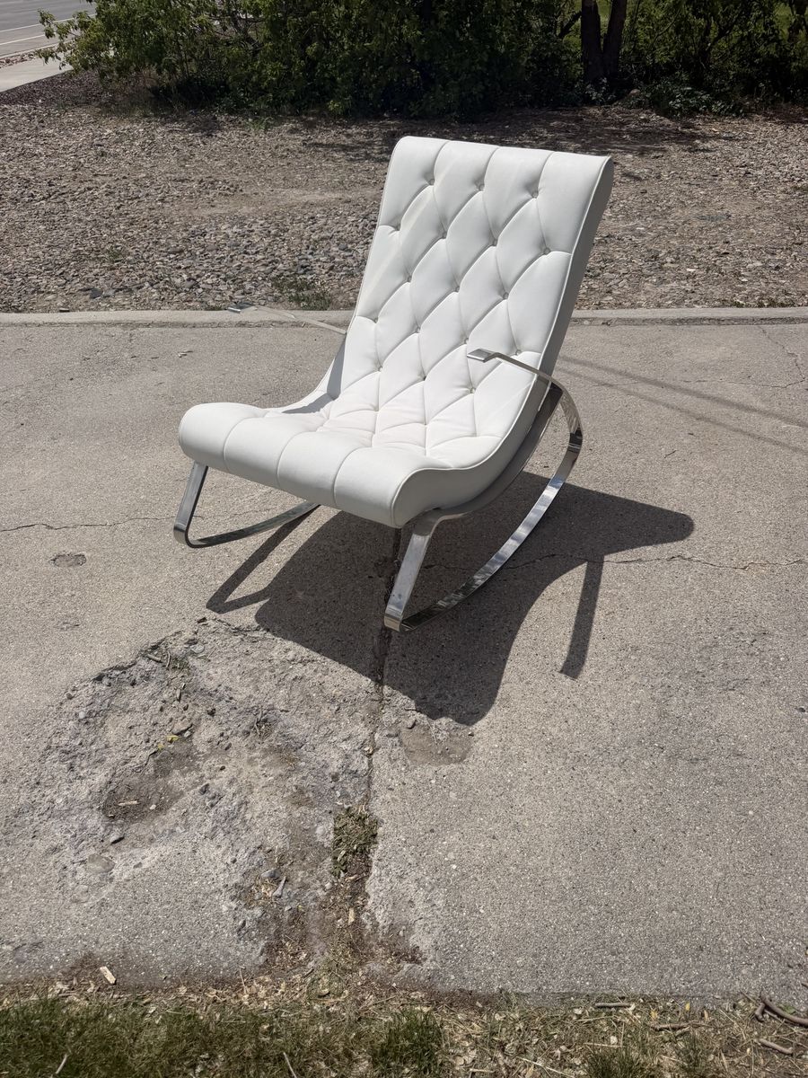Mid century Modern White Faux Leather Tufted Rocking Chair with Chrome Base - Good Condition