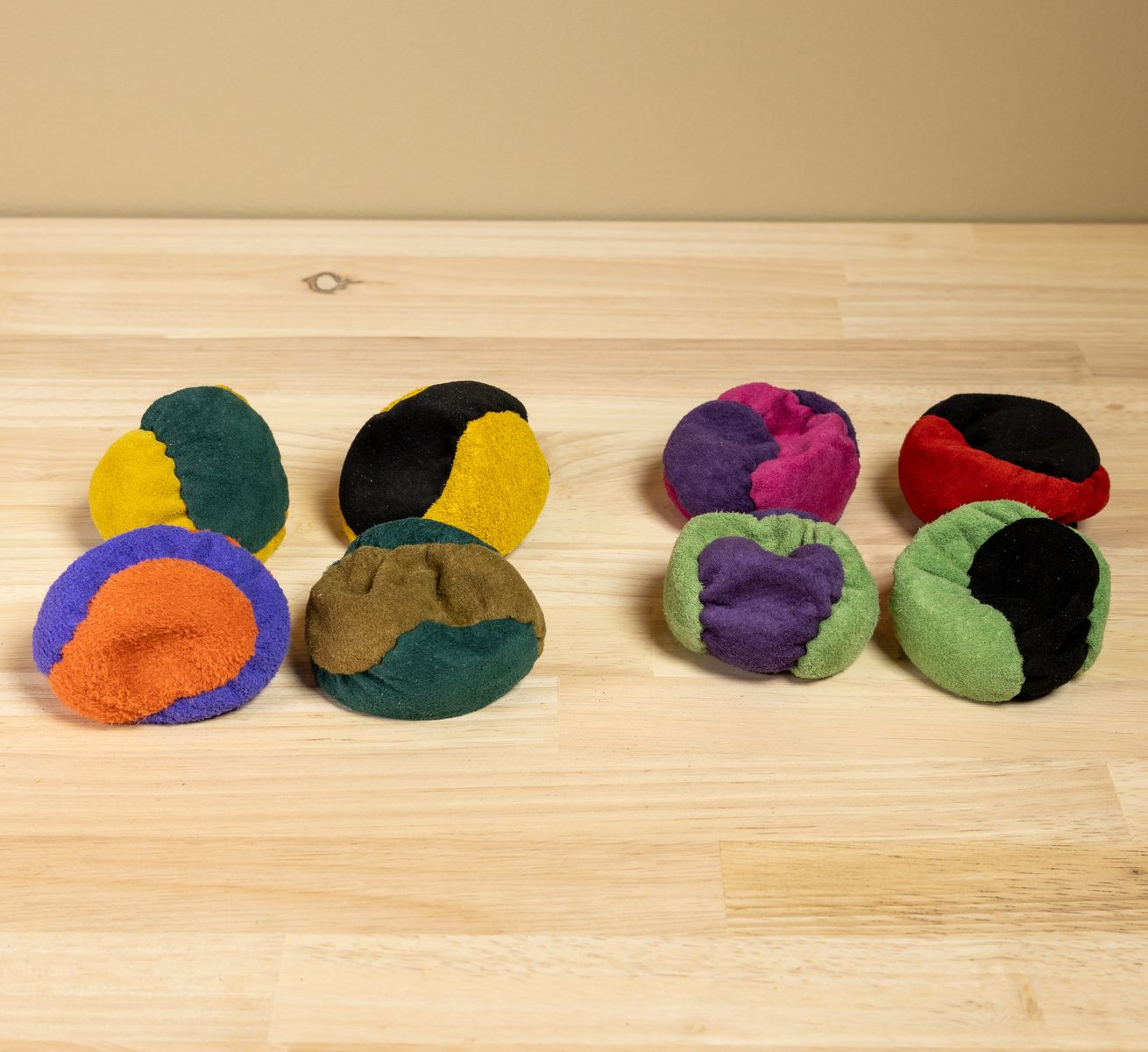 Hand sewn suede footbags (hacky sacks)