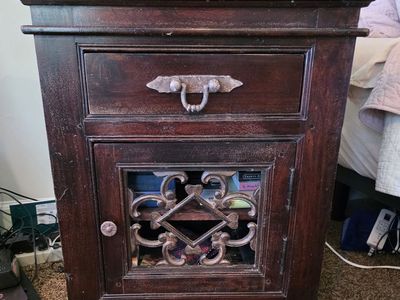2 Dark Wood Nightstands with Decorative Metal Door Insert and Drawer