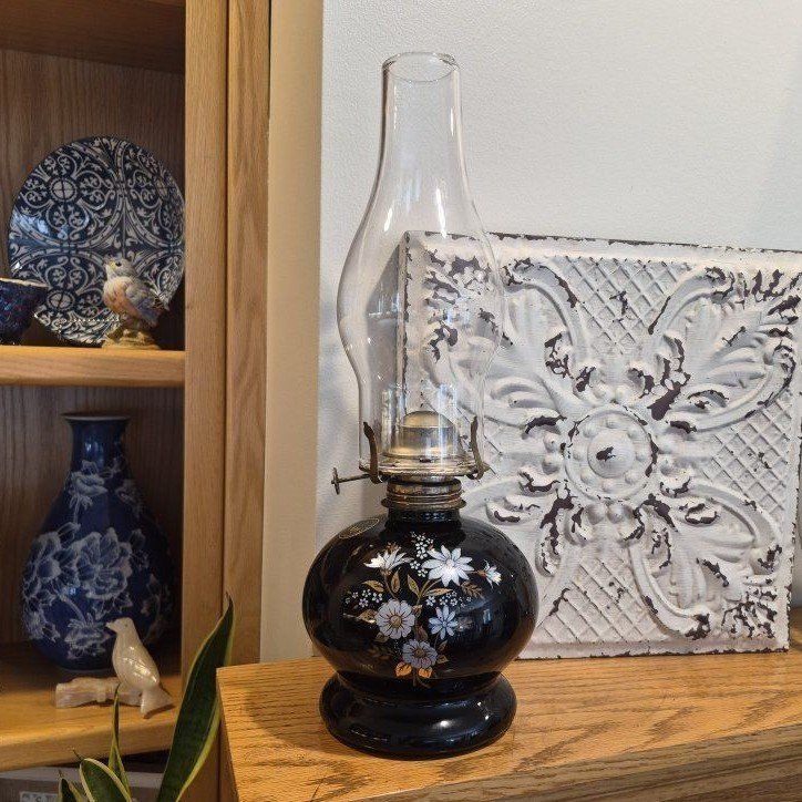 Vintage Good Farms Oil Lamp Light Black Floral Design Hurricane Kerosene Lantern
