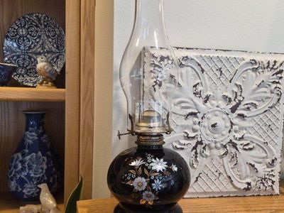 Vintage Good Farms Oil Lamp Light Black Floral Design Hurricane Kerosene Lantern