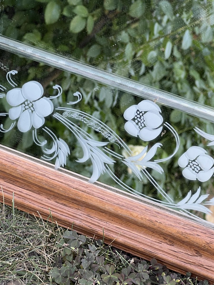Vintage Etched Glass Floral Mirror in Wood Frame Signed by Richard E. Sandoval