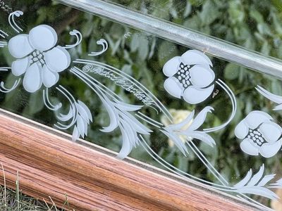 Vintage Etched Glass Floral Mirror in Wood Frame Signed by Richard E. Sandoval