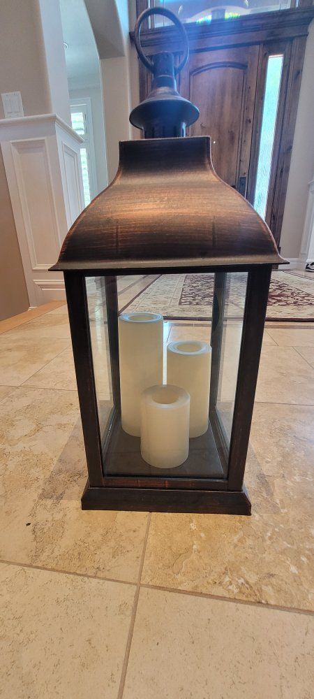 Large Bronze Decorative Lantern with 3 LED Pillar Candles - 24" Tall Home Decor