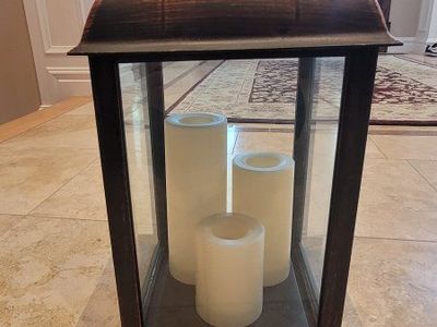 Large Bronze Decorative Lantern with 3 LED Pillar Candles - 24" Tall Home Decor
