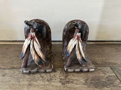 Rustic Western Bookends – Tomahawk & Feathers (Set of 2)
