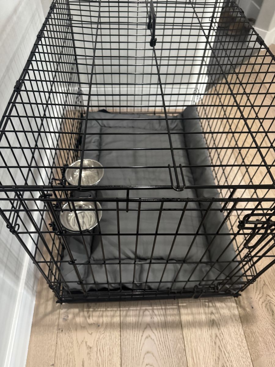 Dog Crate with Removable Tray, Water Bowls, and Soft Bed - Black Metal, Foldable Design