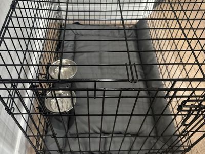 Dog Crate with Removable Tray, Water Bowls, and Soft Bed - Black Metal, Foldable Design
