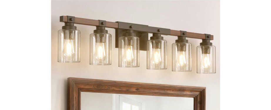Rustic Farmhouse 6-Light Vanity Wall Light Bar with Clear Glass Shades
