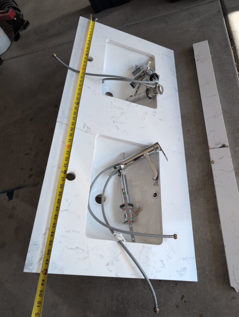 White Marble-Look Double Vanity Top with 2 Sinks and Faucets - 48 x 22"