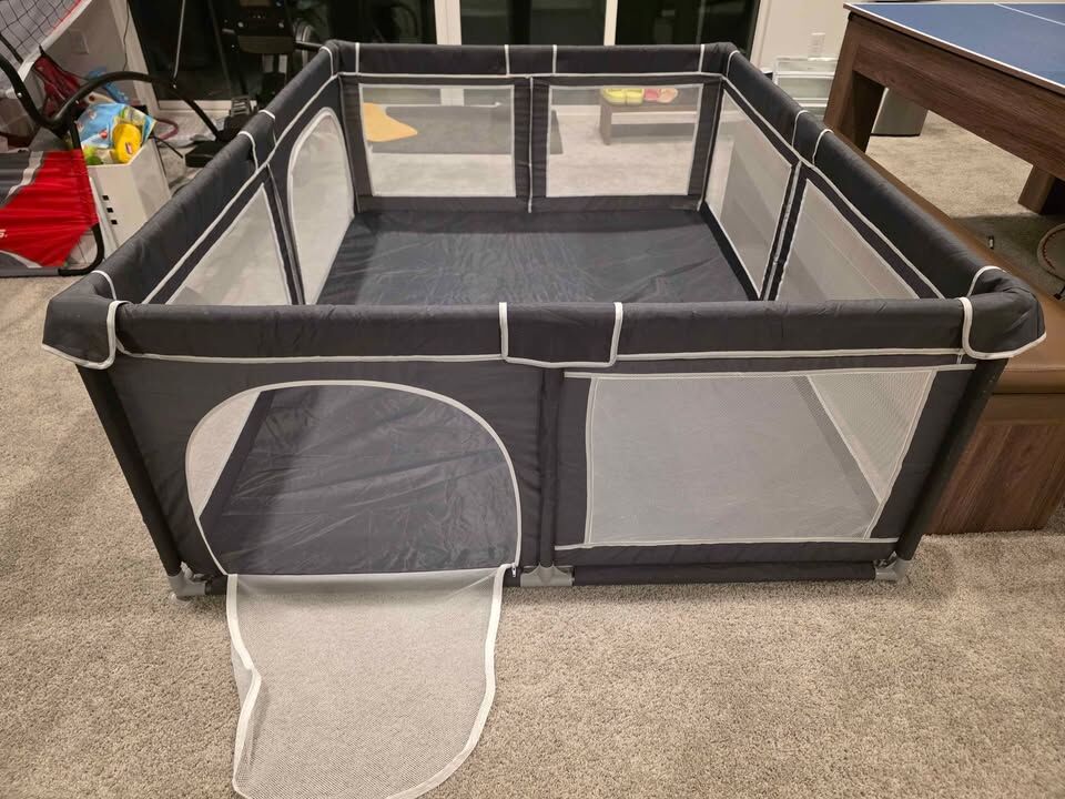 Large Dark Grey Baby Playpen Playard w/ Mesh Sides