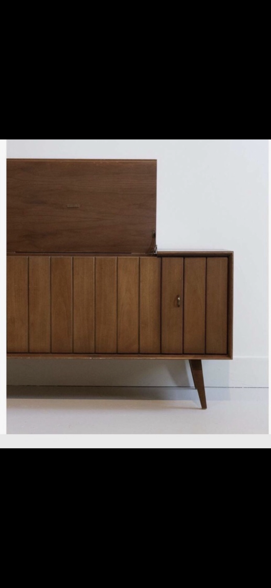 Vintage Mid Century Modern stereo consoles, record player, radio, entertainment credenzas MCM audio