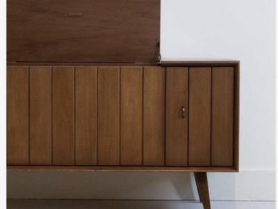 Vintage Mid Century Modern stereo consoles, record player, radio, entertainment credenzas MCM audio