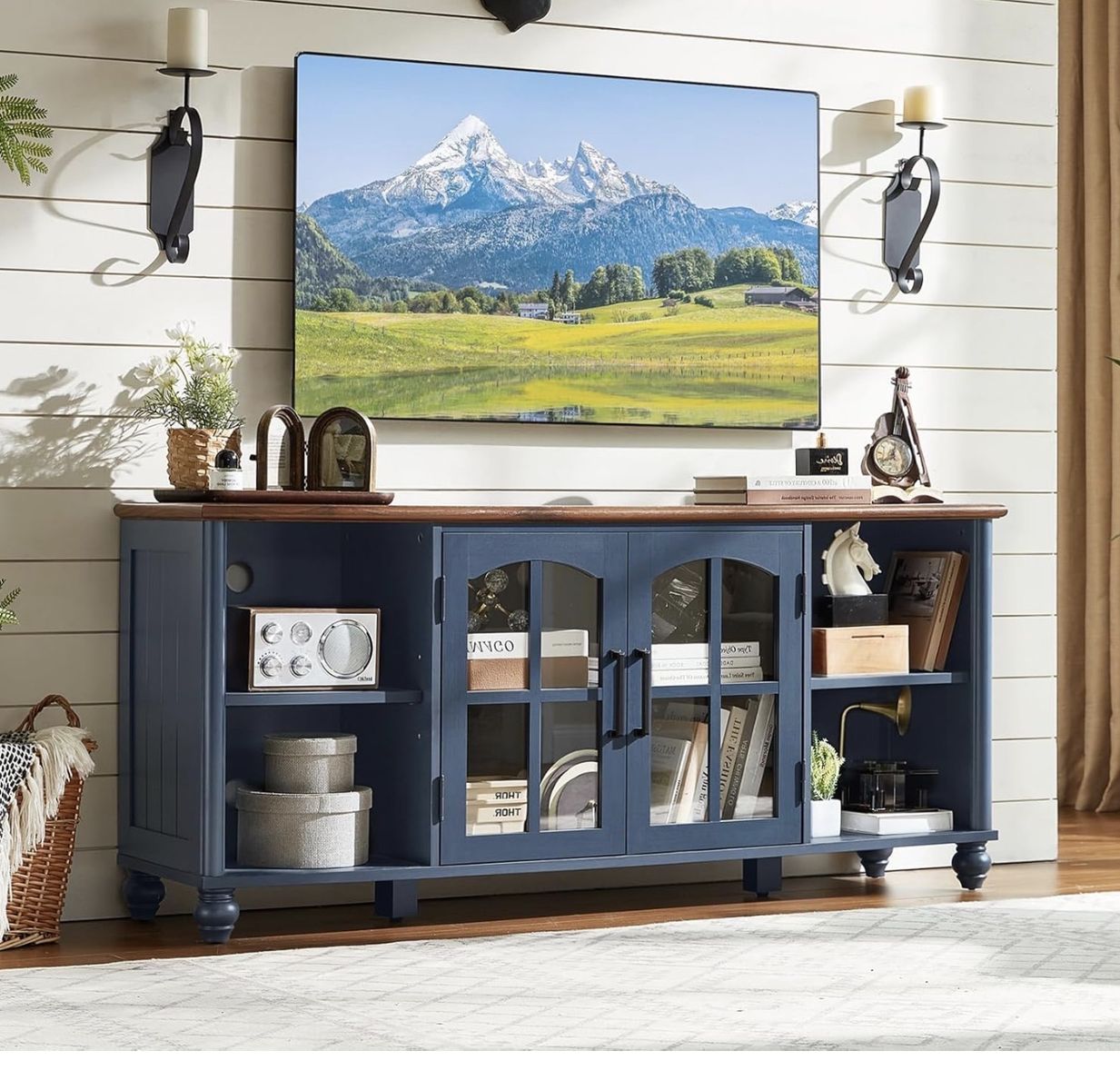 Farmhouse TV Stand for 60 Inch TV, Wood Entertainment Center with Adjustable Shelves