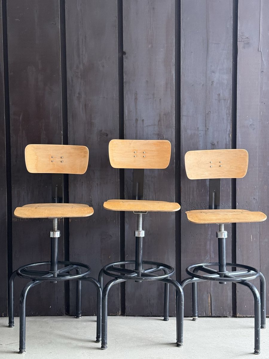 Vintage Industrial Adjustable Drafting Stools with Footrest Ring - Set of 3
