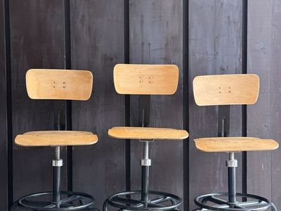 Vintage Industrial Adjustable Drafting Stools with Footrest Ring - Set of 3