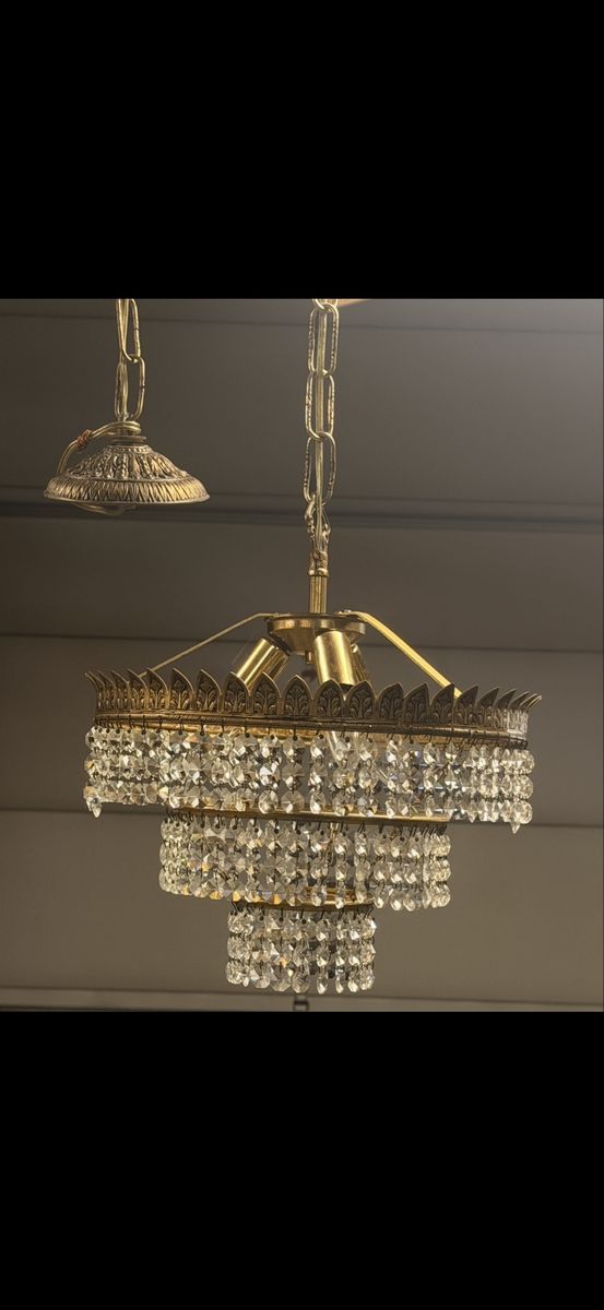 Vintage Brass & Crystal Tiered Chandelier Pendant Light