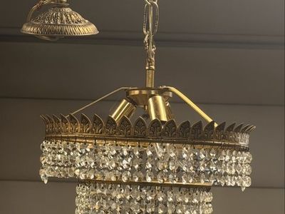 Vintage Brass & Crystal Tiered Chandelier Pendant Light
